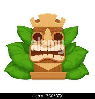 Wooden tiki mask, hawaiian symbol in cartoon style, textured and detailed isolated on white background stock vector illustration. Totem, tribal ethnic decoration. Scary god, idol. Vector illustration Stock Vector