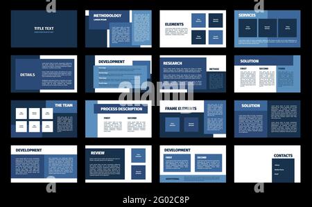 Presentation template. Blue and white rectangles flat design, 16 slides. Title, detail, development, element, process description, methodology, servic Stock Vector