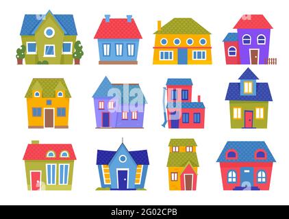 Cute small houses in town or village vector illustration set. Cartoon various houses facade collection, colorful building cottage with door, window and chimney on roof, front view isolated on white Stock Vector