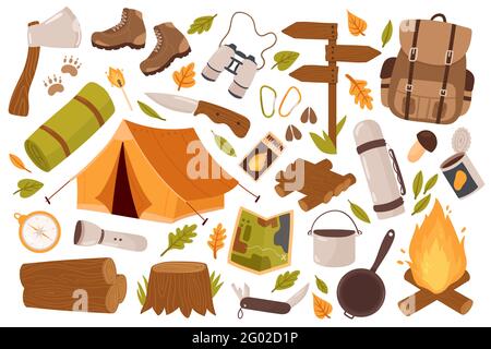 Camping, hiking equipment for trekking tourists vector illustration set. Cartoon summer camp travel tools collection for survival in wild, tent backpack axe boots compass campfire isolated on white Stock Vector
