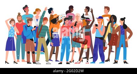 Diversity crowd people stand together vector illustration. Cartoon different multiethnic group of man woman characters standing hugging holding hands, diverse multicultural society isolated on white Stock Vector