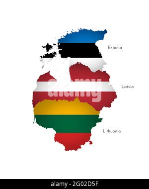 Vector illustration with isolated silhouettes of Baltic States on map (simplified shapes). National flags of Lithuania, Latvia, Estonia. White backgro Stock Vector