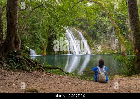 Beautiful big waterfall in Spain in Catalonia, near the small village Les Planes de Hostoles Stock Photo
