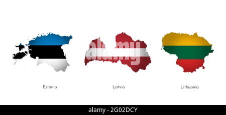 Vector illustration set with isolated silhouettes of Baltic States maps (simplified shapes). National flags of Lithuania, Latvia, Estonia. White backg Stock Vector