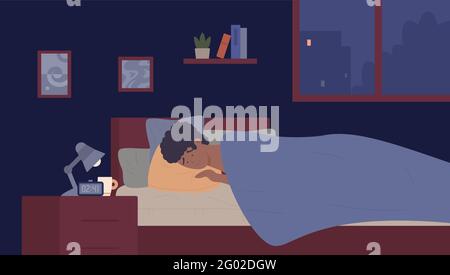 Sleepy young man with insomnia stress problem vector illustration. Cartoon restless tired male character trying to sleep, lying in bed in dark home bedroom, sleepless night without rest background Stock Vector