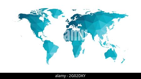 Vector isolated simplified world map. Blue gradient silhouettes, white background. Low poly style. Continents of South and North America, Africa, Euro