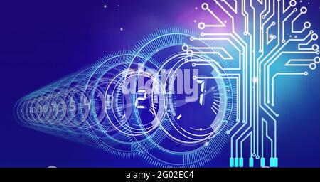 Composition of glowing computer motherboard circuits with safe dials and pixel padlock on blue Stock Photo