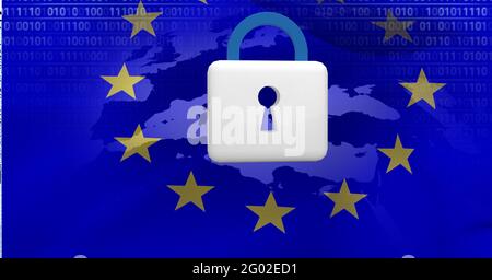 Composition of map, binary numbers and white padlock on european union map background Stock Photo