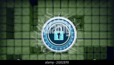 Composition of blue padlock icon with circuits on background of green squares Stock Photo