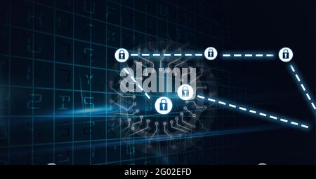 Composition of connected white padlock icons and circuits with grid on black background Stock Photo