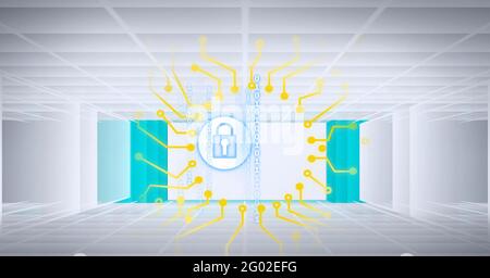 Composition of white padlock icon and yellow circuits over 3d white and green grid background Stock Photo