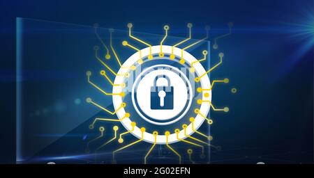 Composition of white padlock icon with circuits on transparent screen against dark blue background Stock Photo