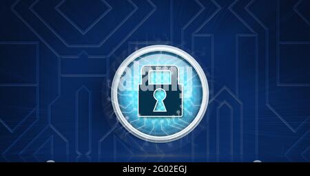 Composition of blue padlock icon with circuits on dark blue circuitboard background Stock Photo