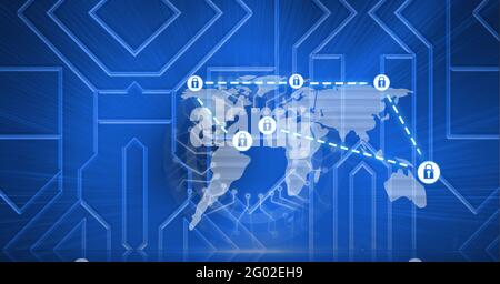 Composition of world map with connected padlock icons on blue circuitboard background Stock Photo