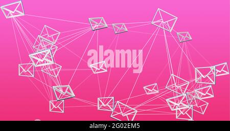 Composition of network of connected envelope email icons on bright pink background Stock Photo