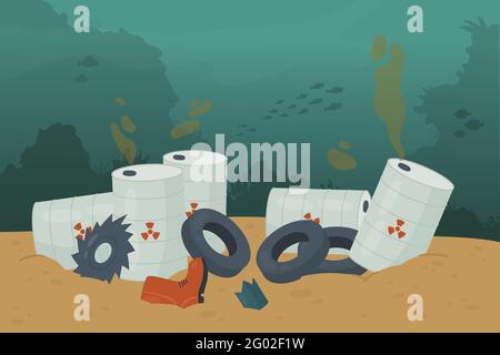 Waste trash pollution in ocean sea water and bottom vector illustration. Cartoon polluted dirty underwater scenery with pile of garbage car tire, poisonous barrel oil tanker, swimming fish background Stock Vector