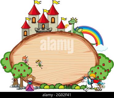 Empty wooden banner with fairy tale cartoon character and elements isolated illustration Stock Vector