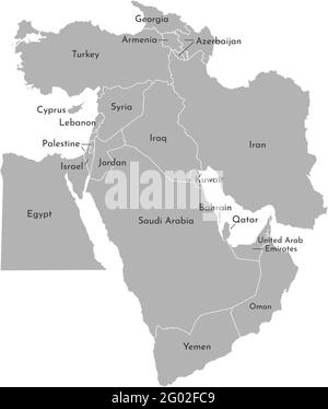 Vector illustration map of Asian countries. Middle East. States borders of Turkey, Cyprus, Jordan, United Arab Emirates, Saudi Arabia, Qatar, Iraq, Ir Stock Vector