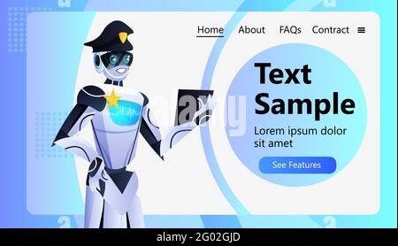 police robot patrol cop in uniform using tablet pc artificial intelligence technology concept Stock Vector
