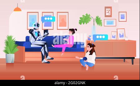 children discussing with home robot artificial intelligence technology concept living room interior Stock Vector