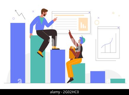 Business growth, work result graph report growing abstract concept vector illustration. Cartoon people sitting on progress statistic graphic bars, analytics of success strategy isolated on white Stock Vector