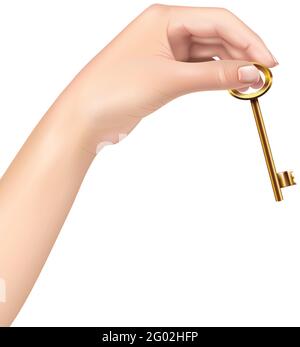 Vector isolated illustration on white background, realistic hand of a woman holding golden key. Stock Vector