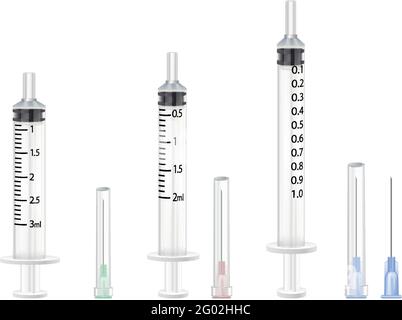 realistic collection of vector syringes and needles. Isolated on white background. Stock Vector