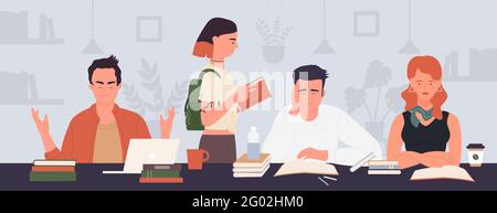 People students study hard in library classroom, college or university education vector illustration. Cartoon girl boy characters read literature books, sitting together, tired teen friends background Stock Vector