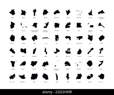 Vector illustration set with simplified maps of all fully recognised african states. Black silhouettes, white background. Stock Vector