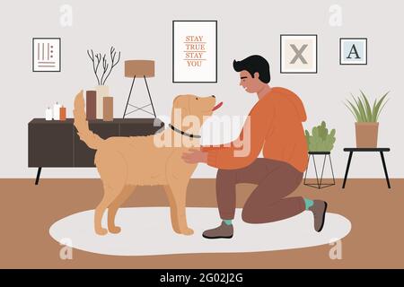 Man pet owner with playful dog friend vector illustration. Cartoon smiling guy character playing with doggy in cozy home living room interior, happy friendship with puppy domestic animal background Stock Vector