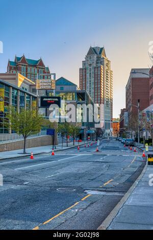 View down Sabin Street. The towers are Omni Hotel; Dunkin' Donuts Center (arena), and Rhode Island Convention Center are at left. Stock Photo