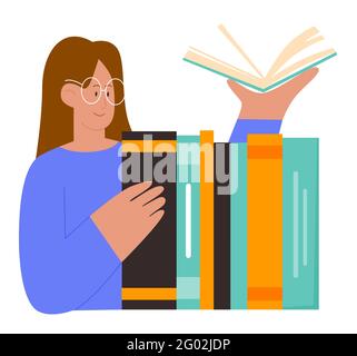 Girl student with books, education vector illustration. Cartoon happy young woman character with glasses holding open book in hand, standing next to bookshelf in library or bookstore isolated on white Stock Vector