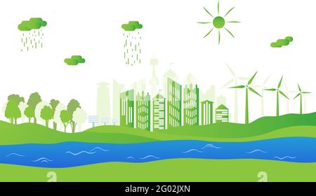 Silhouette of ecological city. Green energy with wind energy and solar panels. Concept of environment conservation. Vector illustration. Stock Vector