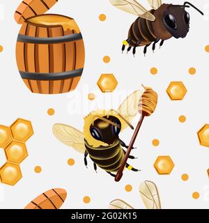Seamless pattern with insect, wasp, beeswax, honey bee, barrel of honey. Pattern with insect for your design. 3d Vector illustration Stock Vector
