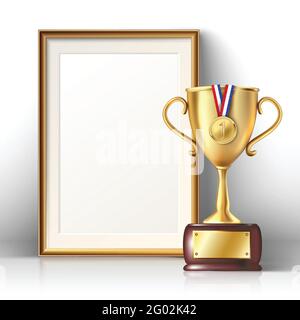 realistic vector golden trophy and picture frame with wooden border. Isolated illustration. Stock Vector