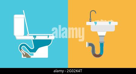 Clogged toilet and sink with clog obstructing the pipe: drain problems concept Stock Vector