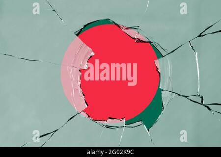 3D Flag of Bangladesh on a glass breakage. Stock Photo