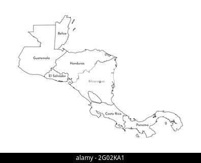 Vector illustration with simplified map of Central America. Black line silhouettes of states' border. White background. Stock Vector