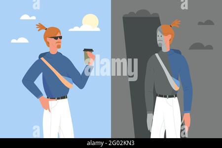 Young man with happy or bad mood vector illustration. Cartoon sad male character has emotional mental problems, standing under stress clouds and rain, smiling hipster holding coffee cup background Stock Vector