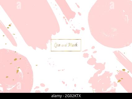 Wedding background template. Pink hand drawn blots and gold blob spatters for wedding card, mothers day, womans day. Pink blob vector illustration Stock Vector