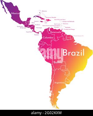 Vector illustration with map of South America continent and part of Central America. Colorful silhouettes, white grey background. Text with names of i Stock Vector