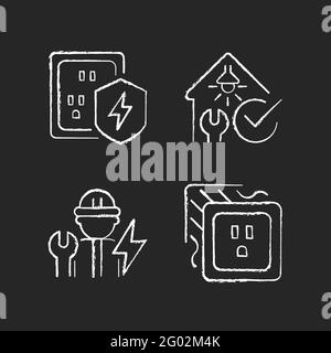 Electrician service chalk white icons set on dark background Stock Vector
