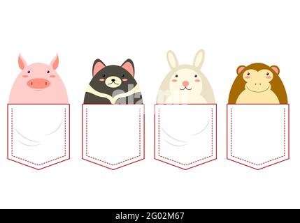 Cute characters in pocket set. Baby collection of cartoon pig, monkey, tasmanian devil, rabbit in pockets. Childish print with funny animals for t-shi Stock Vector