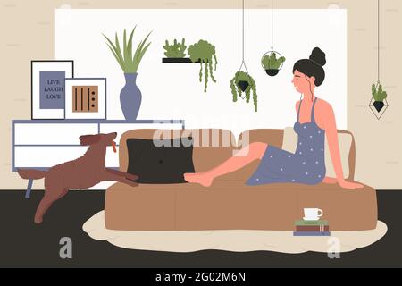Girl with pet dog at home, relax time vector illustration. Cartoon happy young woman character laying on sofa couch, smiling lady playing with funny doggy in cozy living room interior background Stock Vector