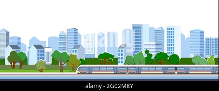 High-speed train in the city. Railway with a locomotive. Modern outdoor urban landscape. Cityscape with the road. Isolated on white background. Flat s Stock Vector
