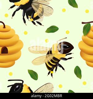 Seamless pattern with Bumble bee, beehive, honey bee, leaf. Pattern with insect for your design. 3d Vector illustration. Stock Vector