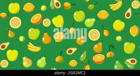 The most popular fruits are fruit trees in the tropics and temperate climates. Background. Cartoon flat style. Apples, pears, plums, bananas, oranges, Stock Vector