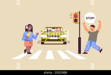 schoolgirl with smartphone and headphones crossing road on red traffic lights driver stops car immediately road safety Stock Vector