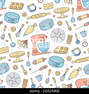Seamless pattern with tools for making cakes, cookies and pastries. Doodle confectionery tools - stationary dough mixer, baking pans and pastry bag Stock Vector