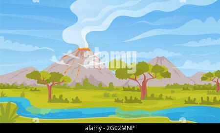 Volcano active eruption tropical nature landscape vector illustration. Cartoon mountain scenery natural disaster with lava fountain, volcanic hot ash clouds, fire and smoke background Stock Vector